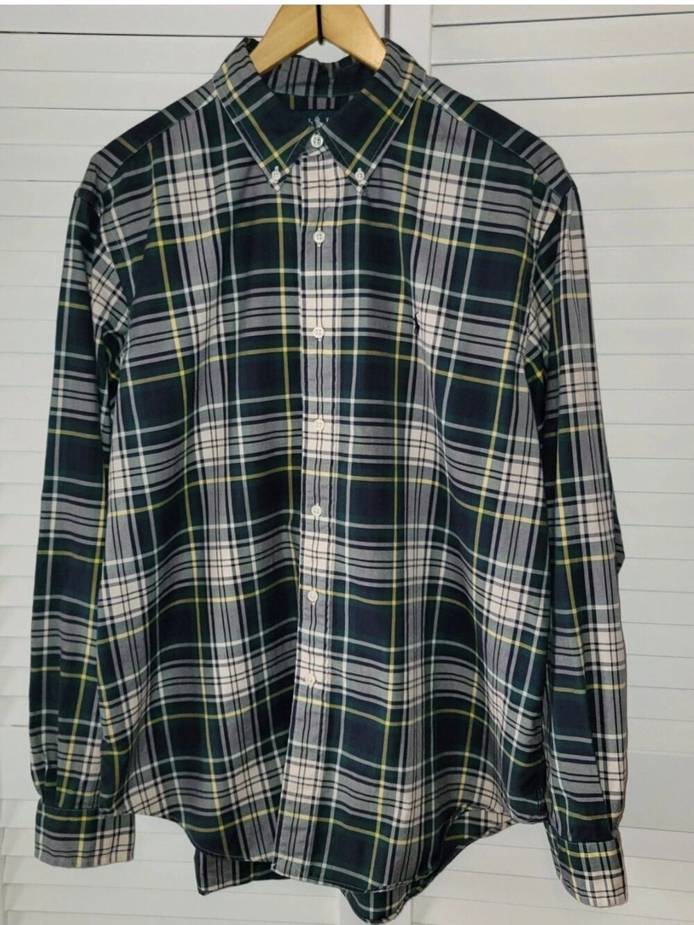 Ralph Lauren Men Shirt Long Sleeve Button Collar Blue Plaid Preppy Office Large